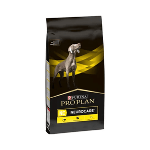 White background with a black bag of Purina Pro Plan Neurocare dry food. Pictured on the bag is an adult Weimaraner dog.