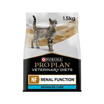White background with a white and black bag of Purina Pro Plan Veterinary Diets NF Renal Function dry cat food. Pictured on the bag is an adult silver tabby cat.