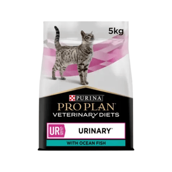 White background with a white and black bag of Purina Pro Plan Veterinary Diets UR Urinary with Ocean Fish dry cat food. Pictured on the bag is an adult silver tabby cat.