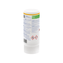 White cylindrical container with a label on a white background