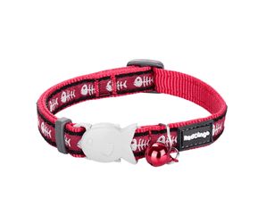 White background with a red 'Red Dingo' cat collar with fish skeletons pictured on it.