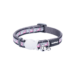 White background with a black and grey 'Red Dingo' cat collar with pink flamingos pictured on it.