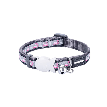 White background with a black and grey 'Red Dingo' cat collar with pink flamingos pictured on it.