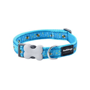 White background with a turquoise 'Red Dingo' dog collar with bees pictured on it.