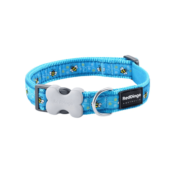 White background with a turquoise 'Red Dingo' dog collar with bees pictured on it.