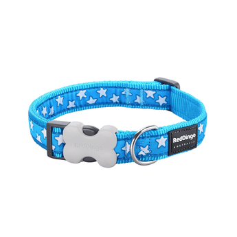 White background with a turquoise 'Red Dingo' dog collar with white stars pictured on it.