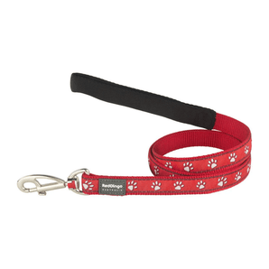 White background with a red 'Red Dingo' with white paws dog lead.