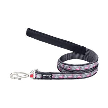 White background with a black and grey 'Red Dingo' dog lead with pink flamingos pictured on it.