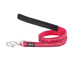 White background with a red 'Red Dingo' with white bones dog lead.