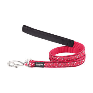 White background with a red 'Red Dingo' with white bones dog lead.