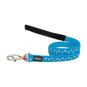 White background with a turquoise 'Red Dingo' dog lead with white stars on it.