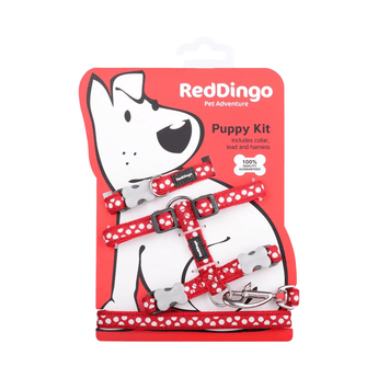 White background with a red 'Red Dingo' puppy kit with white spots on it, attached to a red cardboard backing with a illustrated puppy on it.