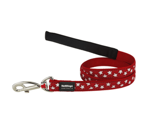 White background with a red 'Red Dingo' dog lead with white stars on it.