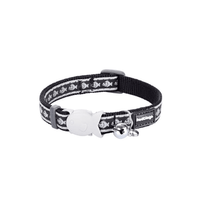 White background with a black cat collar with silver reflective fish on it and a plastic fish buckle pictured.