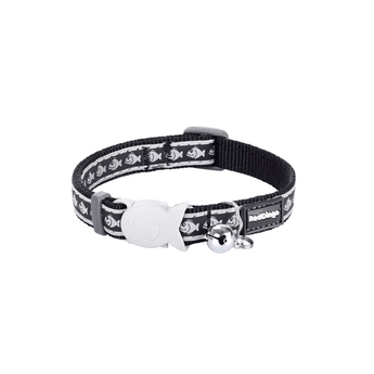 White background with a black cat collar with silver reflective fish on it and a plastic fish buckle pictured.