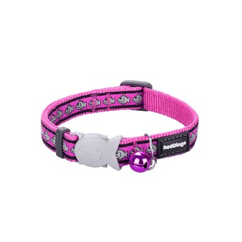 White background with a hot pink cat collar with silver reflective fish on it and a plastic fish buckle pictured.