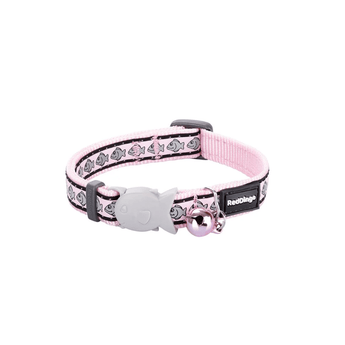 White background with a pink cat collar with silver reflective fish on it and a plastic fish buckle pictured.