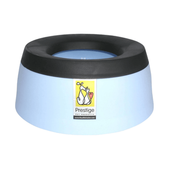 White background with a Prestige Pets Road Refresher dog bowl in a blue colour with a black rubber trim.