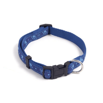 White background with a blue dog collar with light blue paw prints. Featuring a black buckle and silver tag loop.