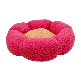 White background with a pink flower shaped cat bed with a yellow centre.