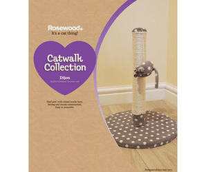 A box for a Rosewood Dijon Cat Scratcher with a grey and white spotty fabric base, top and mouse toy attachment.