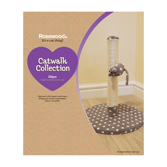 A box for a Rosewood Dijon Cat Scratcher with a grey and white spotty fabric base, top and mouse toy attachment.
