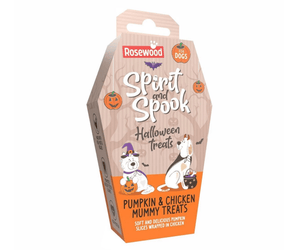 Rosewood Spirit and Spook Halloween treats for dogs in a coffin-shaped package with pumpkin and cartoon dog illustrations.