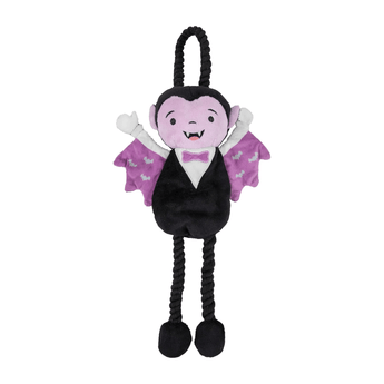 A Rosewood Van the Vampire plush dog toy with long black braided legs and a black-and-purple body, shown on a plain white background.