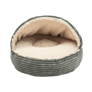 White background with a grey cord and cream plush fabric cat cave pictured with the opening showing the inside.