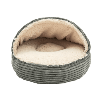 White background with a grey cord and cream plush fabric cat cave pictured with the opening showing the inside.