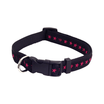 White background with a black dog collar with pink stars. Featuring a black buckle and silver tag loop.