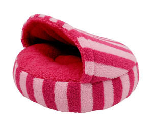 White background with a pink stripy cat cave pictured with the opening showing the inside.