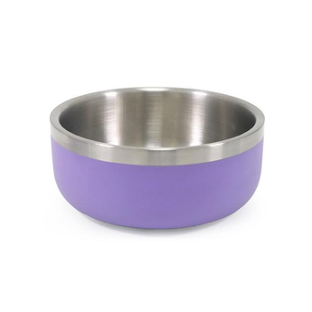 White background with a deep 700ml lilac coated stainless steel Rosewood Premium pet bowl.