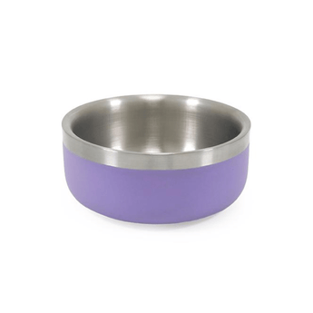 White background with a deep 350ml lilac coated stainless steel Rosewood Premium pet bowl.