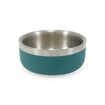 White background with a deep 350ml teal coated stainless steel Rosewood Premium pet bowl.