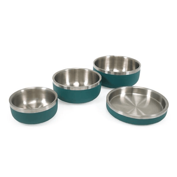 White background with four teal coated stainless steel Rosewood Premium pet bowls, in four different sizes.