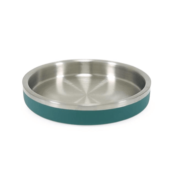 White background with a shallow teal coated stainless steel Rosewood Premium pet bowl.