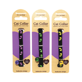 White background with three cat collars backed on cardboard with text 'Rosewood, Cat Collar, Adjustable collar, modern design' The collars are black with reflective cat eyes along the strap in either purple, green or yellow.