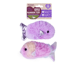 White background with two Rosewood Under the Sea lilac plush Fish cat toys with a cardboard tag attached at the top.