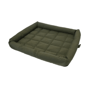 White background with a green water resistant dog crate mattress pictured.