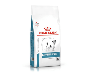 White background with a white bag of Royal Canin Anallergenic for Small dogs. Pictured on the bag is a Jack Russell type dog.