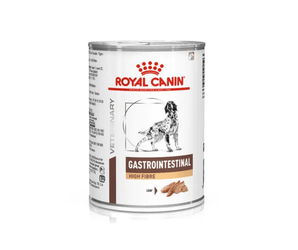 White background with a tin of Royal Canin Gastrointestinal High Fibre Loaf for dogs. A English Setter dog is pictured on the tin with text below reading 'Gastrointestinal, High Fibre, Loaf'.