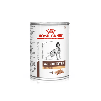 White background with a tin of Royal Canin Gastrointestinal High Fibre Loaf for dogs. A English Setter dog is pictured on the tin with text below reading 'Gastrointestinal, High Fibre, Loaf'.
