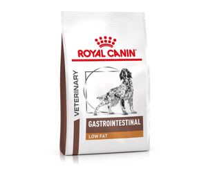 White background with a white bag of Royal Canin Gastrointestinal Low Fat Pictured on the bag is a English Setter dog.