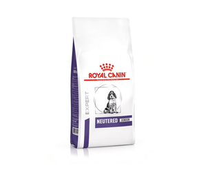 White background with a white bag of Royal Canin Neutered Junior dog food. Pictured on the bag is a English Setter puppy.