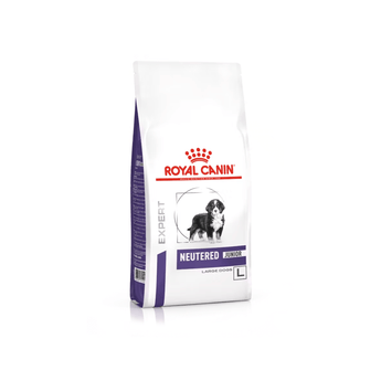 White background with a white bag of Royal Canin Neutered Junior Large dog food. Pictured on the bag is a Burnese Mountain dog puppy.