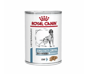 White background with a tin of Royal Canin Sensitivity Control for dogs. A English Setter dog is pictured on the tin with text below reading 'Sensitivity Control, Duck with Rice, Loaf'.