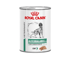 White background with a tin of Royal Canin Glyobalance Loaf for dogs. A English Setter dog is pictured on the tin with text below reading 'Glycobalance, Low Carbohydrate, Loaf'.