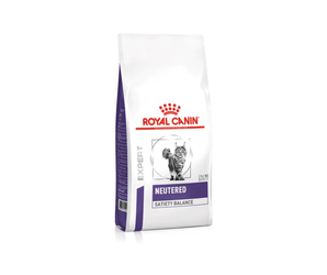 White background with a white bag of Royal Canin Neutered Adult Satiety Balance dry cat food. Pictured on the bag is a long haired grey tabby cat.