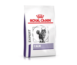 White background with a white bag of Royal Canin Calm for cats. Pictured on the bag is a long haired grey tabby cat.